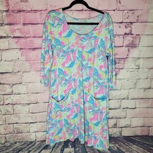 FRESH PRODUCE DALIA DRESS FRONT POCKETS BOLD COLORFUL LEAF PRINT 100% COTTON XL